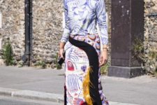 With blue and white printed shirt and printed midi skirt
