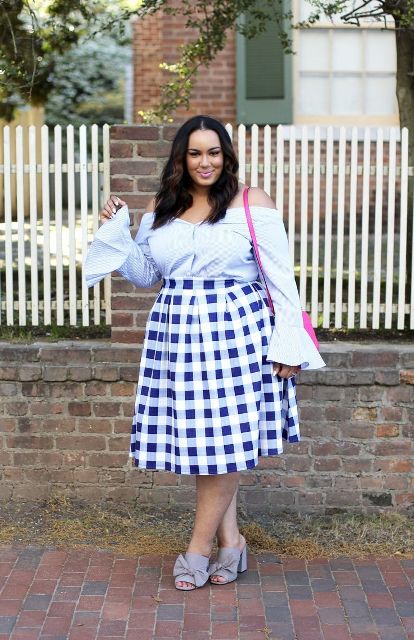With checked midi skirt, pink bag and bow mules