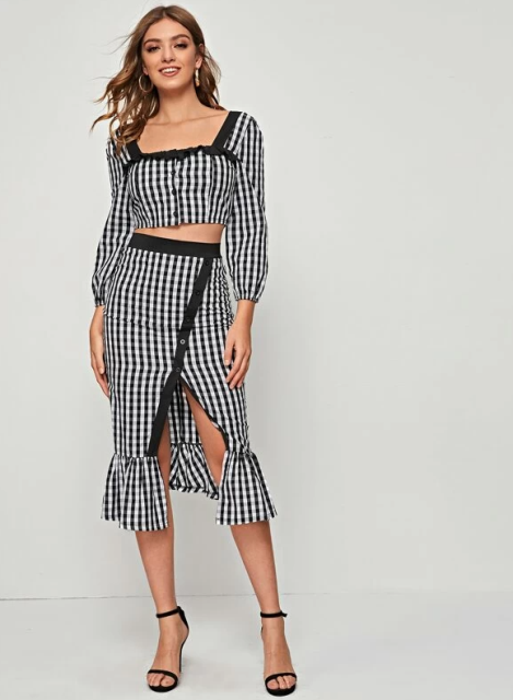 With checked ruffled midi skirt and black ankle strap high heels