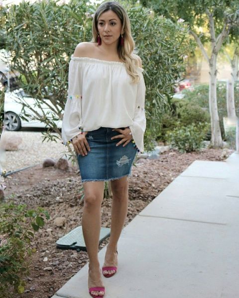 With denim skirt and purple sandals