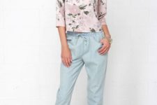 With floral shirt and beige pumps
