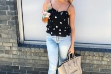 With jeans, beige bag and yellow sandals