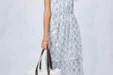 With pastel colored printed sleeveless maxi dress and gray lace up flat sandals