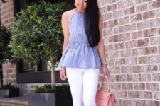 With white crop pants, pale pink bag and beige cutout shoes