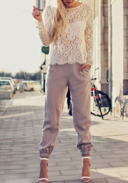 With white lace blouse and white ankle strap shoes