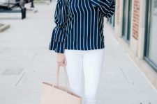 With white pants, beige tote bag and suede sandals