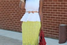 With yellow lace skirt, red bag, brown belt and beige ankle strap shoes