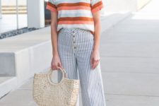 a casual look with a striped t-shirt, striped culottes, pastel espadrilles and a woven bag