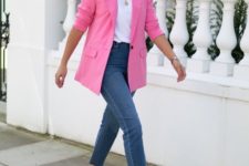 a casual look with a white tee, a hot pink blazer, blue skinnies, white square toe heels