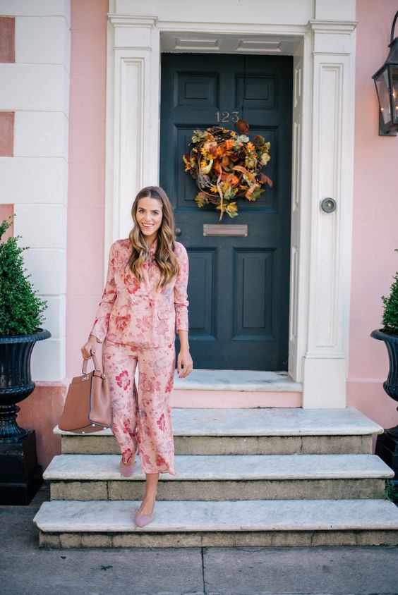 a pink floral pyjamas suit, lavender suede heels and a mauve leather tote for a romantic look
