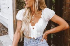 a romantic white ruffle crop top, blue high waisted denim shorts, white sneakers for this summer