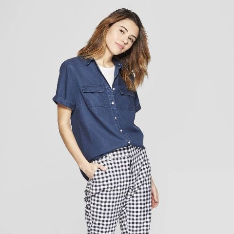 With black and white checked trousers and white t-shirt