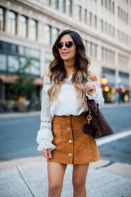 With brown suede mini skirt and checked tote bag