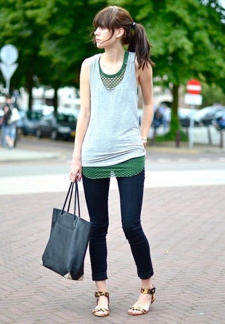 With cropped jeans, black tote bag and sleeveless top