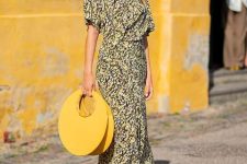 With floral midi dress, yellow rounded bag and marsala flat sandals