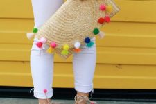 With lace blouse, white cuffed pants and pom pom sandals