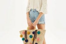 With off the shoulder blouse, denim shorts and yellow flat sandals