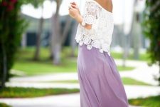 With purple maxi skirt