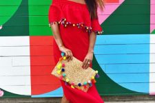 With red pom pom maxi dress and ankle strap high heels
