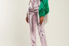 With silver metallic cropped pants and black low heeled shoes