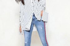 With striped long shirt, black beret and white sneakers