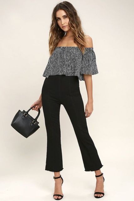 With striped off the shoulder top, black bag and ankle strap high heels