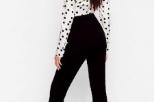 With white and black polka dot long sleeved blouse