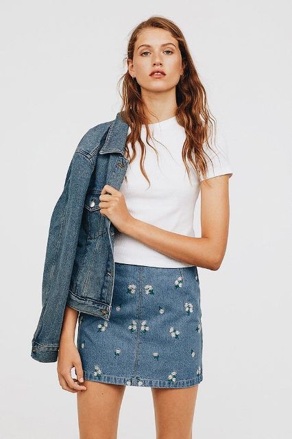 With white t-shirt and denim jacket