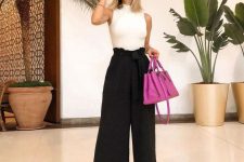 a chic summer work look with a white halter top, black culottes, colorful heels and a purple bag