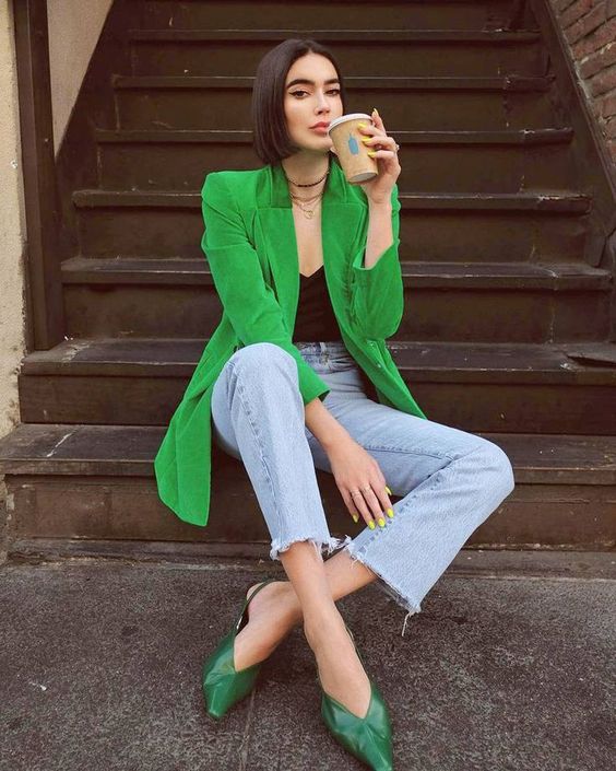 bleached cropped jeans, a black spaghetti strap top, a bright green blazer and green square toe heels