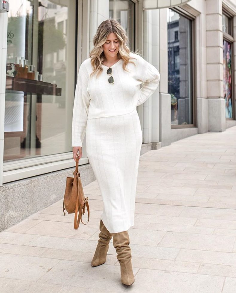 A chic white midi knit dress, a camel suede bag and tan suede slouchy boots for the fall