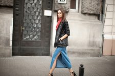 With black leather jacket, printed scarf and black lace up heeled shoes