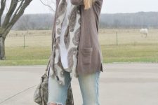 With cardigan, boots, gray bag and printed scarf