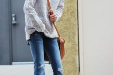 With gray shirt, brown crossbody bag and shoes
