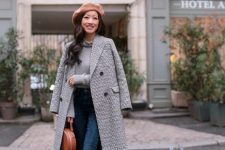 With gray shirt, printed midi coat, skinny jeans, brown bag and black ankle boots