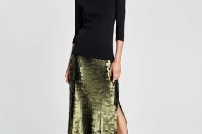 With green midi skirt, socks and black ankle strap high heels