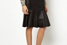 With leopard long sleeved shirt and black ankle strap shoes