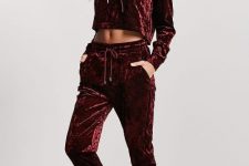 With marsala crop hoodie and beige flat shoes