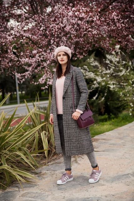 With pale pink sweater, gray pants, marsala bag and sneakers