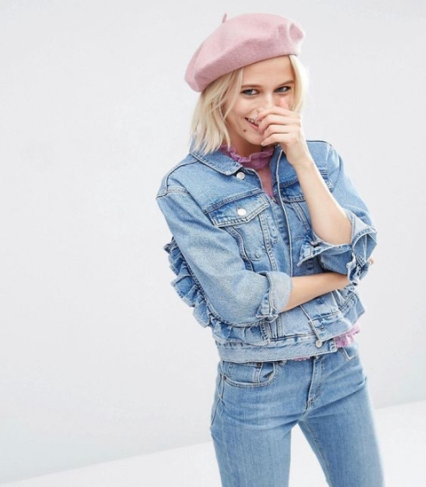 With pink blouse, denim jacket and jeans
