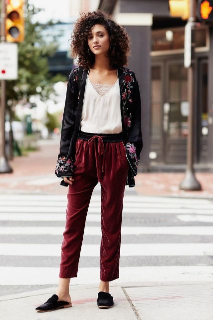 With white lace top, floral printed cardigan and black flat mules