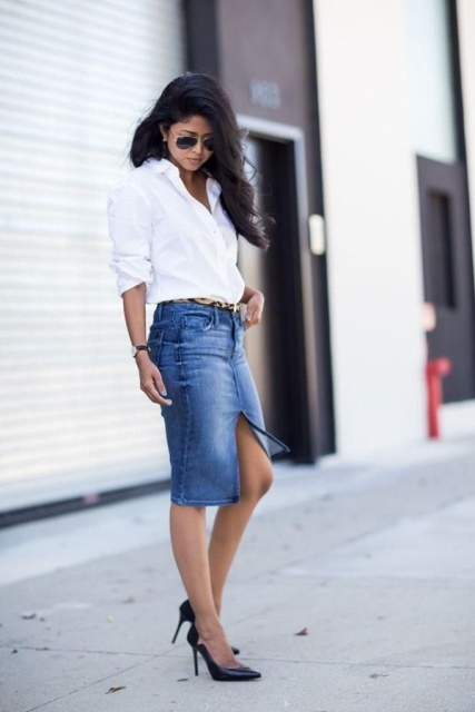 With white shirt and black pumps