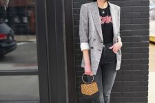 a black printed tee, graphite grey jeans, a plaid blazer, hot red booties and a leopard print bag