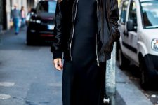 a black slip midi dress, a black shiny bomber jacket, white pointed toe booties for the fall