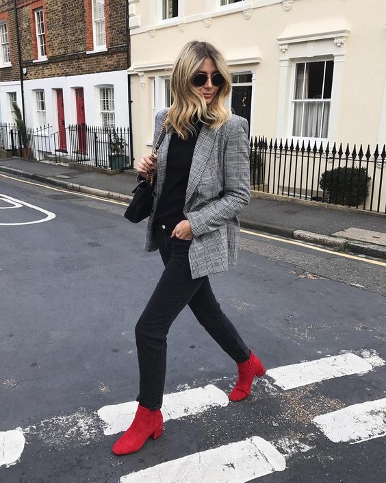 a black top, black jeans, a grey plaid blazer and hot red booties for this fall