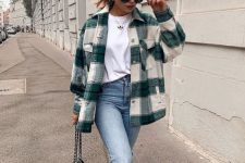 a casual look with a white tee, blue ripped jeans, white trainers, a plaid shirt jacket, a black bag
