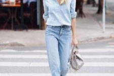 a chambray shirt, straight leg jeans, pink shoes and a grey bag for early fall