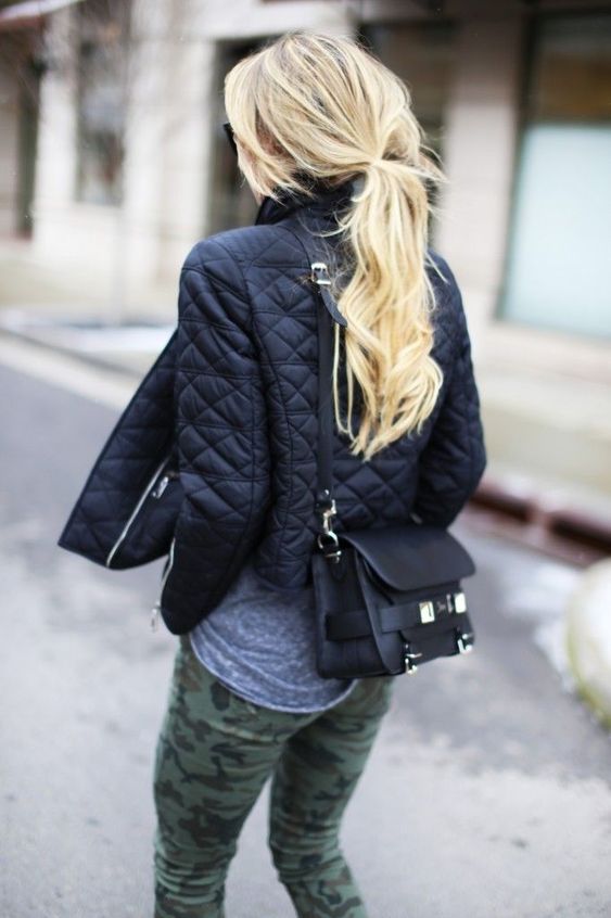 a grey tee, khaki pants, a black quilted jacket and a black bag for an everyday fall look