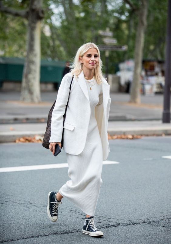 a white knit maxi dress, a white blazer, navy sneakers and a comfy tote for every day