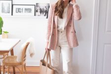 a white shirt, white straight leg jeans, dove grey booties, a pink blazer and a tan tote for work